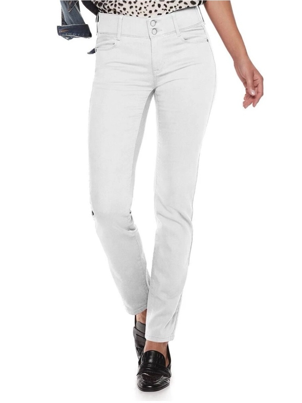 Apt. 9 Sz 4 White Straight Leg Mid Rise Jeans Stretch Waist Band Tummy Control